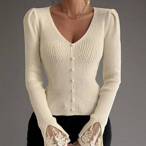 Beige Casual Women's Lace Patchwork V-Neck Fitted Knit Sweater